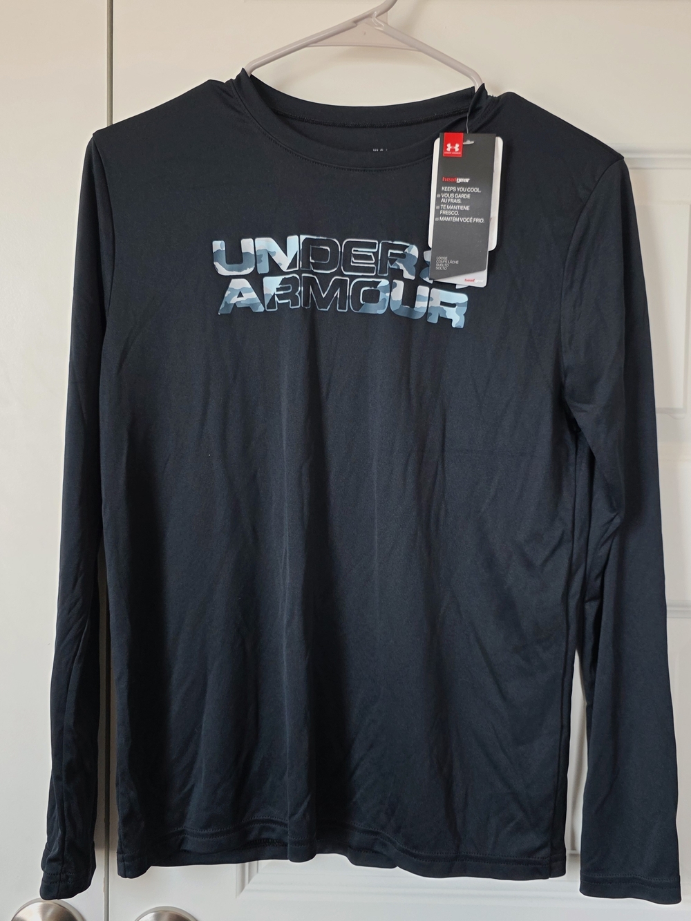 Under Armour Black Long Sleeve Logo Tee with Blue Camouflage Print